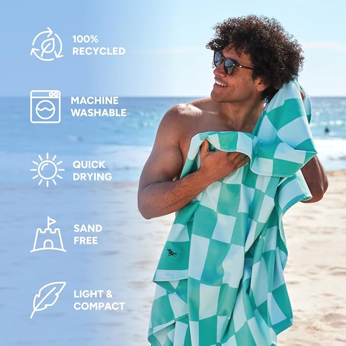 Dock & Bay Beach Towel - Quick Dry, Sand Free - Compact, Lightweight - 100% Recycled - Includes Bag - Check Mate - Extra Large (200x90cm, 78x35)