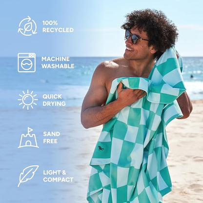 Dock & Bay Beach Towel - Quick Dry, Sand Free - Compact, Lightweight - 100% Recycled - Includes Bag - Check Mate - Extra Large (200x90cm, 78x35)