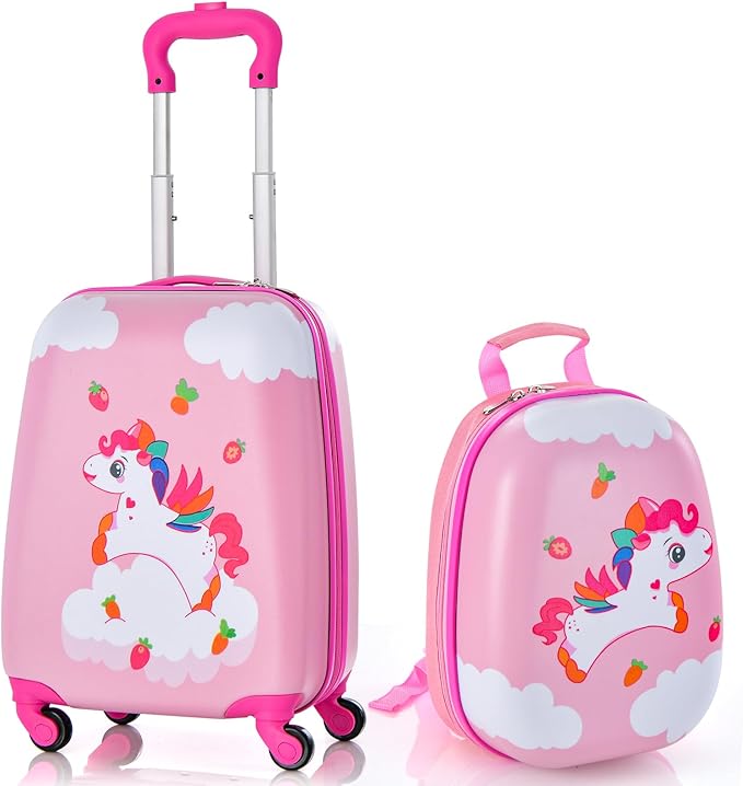 HONEY JOY Kids Luggage, 12" Toddler Backpack & 16" Travel Suitcase with Wheels, Lightweight Toddler Girls Suitcase, Durable ABS Hardshell, 2Pcs Carry On Luggage Set for Boys Girls(Unicorn)