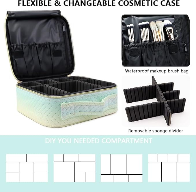 Travel Makeup Case 5 Layers Portable Makeup Train Case Cosmetic Bag Organizer Storage for Women with Adjustable Dividers and Shoulder Strap for Toiletry Travel Accessories(gradient green)