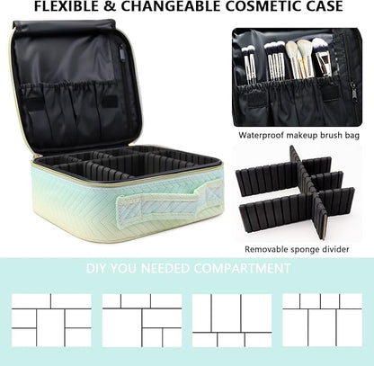 Travel Makeup Case 5 Layers Portable Makeup Train Case Cosmetic Bag Organizer Storage for Women with Adjustable Dividers and Shoulder Strap for Toiletry Travel Accessories(gradient green)