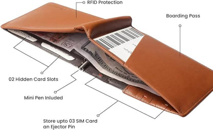 Leather Travel Wallet RFID - Slim Passport Holder for Men & Women - Fits Passport, Cards, SIMs, Pen & Boarding Pass - Secure Travel Document Organizer (Light Brown)