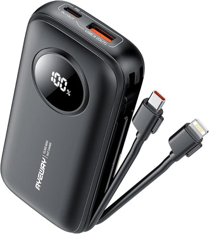 AYEWAY 10,000mAh Mini Portable Charger with Built-in Cable,USB C Fast Charging Power Bank with 4 outputs,External Battery Pack Phone Charger for iPhone,Samsung,Android,5V USB Heated Vest,Heated Jacket