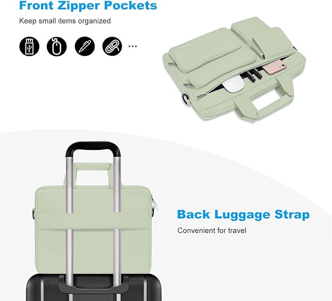 MOSISO Laptop Shoulder Bag 15.6 inch, 15-15.6 inch Computer Bag Compatible with MacBook Pro 16 inch, HP, Dell, Lenovo, Notebook with 2 Raised&1 Flapover&1 Horizontal Pocket&Handle&Belt, Sage Green