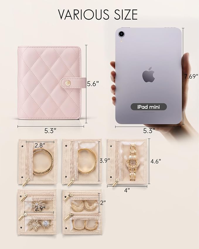 Vlando Travel Jewelry Organizer Case,Travel Gifts for Women,Portable Jewelry Storage Book Ring Binder with Clear Zipper Velvet Jewelry Pouch Bag-Pink