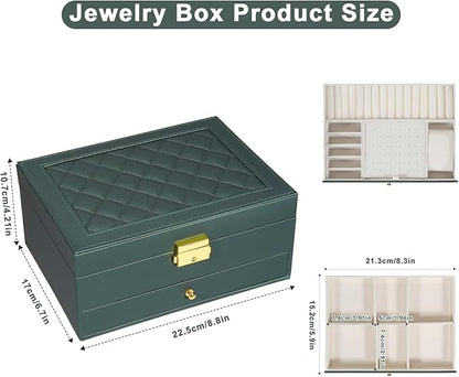 GUOER Jewelry Box for Women Girl Wife - Large PU Leather Jewelry Organizer Storage Case with Two Layers Display for Earrings Bracelets Rings Watches (Hunter Green)