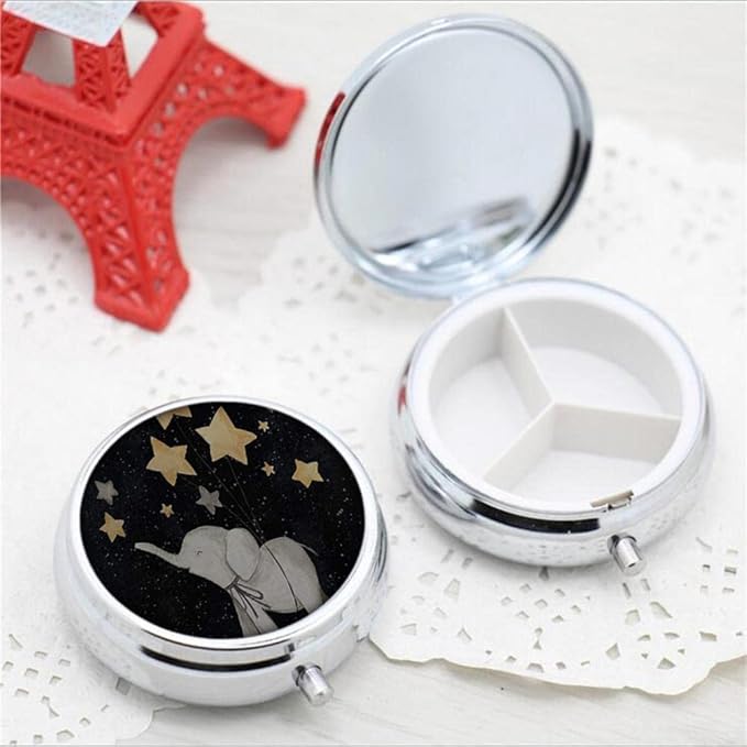 Pill Box,Cute Elephant Under The Star Round Pill Box 3 Compartment Decorative Pocket Purse Portable Mini Travel Medicine Tablet Vitamin Holder Organizer Pill Case