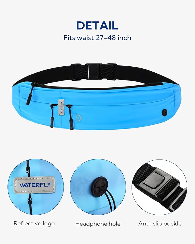 WATERFLY Running Belt Fanny Pack: Runner Marathon Jogging Waist Pack Sport Workout Exercise Fitness Phone Holder Belt for Men Women Jogger Slim Waistband Black