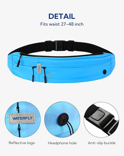 WATERFLY Running Belt Fanny Pack: Runner Marathon Jogging Waist Pack Sport Workout Exercise Fitness Phone Holder Belt for Men Women Jogger Slim Waistband Black