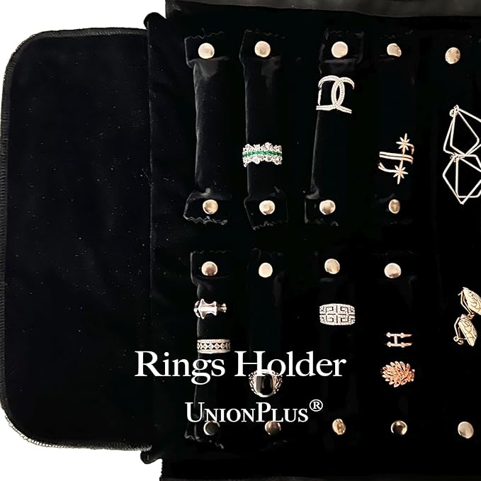UnionPlus Velvet Travel Jewelry Case Roll Bag Organizer for Necklace Bracelet Earrings Ring, 6 PVC Pockets, Black Upgrade Version