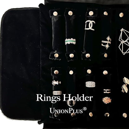 UnionPlus Velvet Travel Jewelry Case Roll Bag Organizer for Necklace Bracelet Earrings Ring, 6 PVC Pockets, Black Upgrade Version