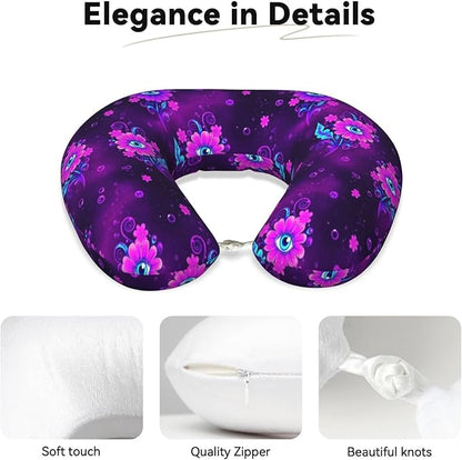 Travel Neck Pillows for Sleeping Rest Car Airplanes Trippy Eyes Flower, Memory Foam with Removable Breathable Zipper Cover Washable for Men Women