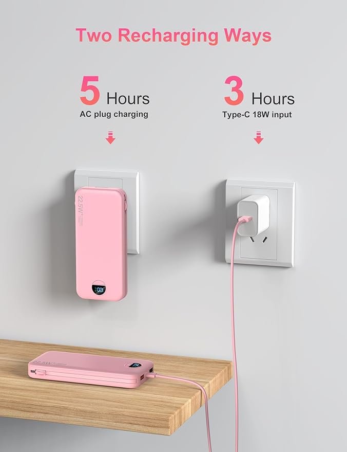 Portable Charger with Wall Plug, 12000mAh USB C Power Bank Fast Charging, External Battery Pack with Built in Cables, Digital Display, 5 Output 4 Input for iPhone Android Cell Phone Tablet