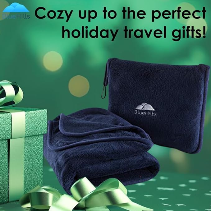 BlueHills Premium Soft Long Travel Blanket Pillow for Tall Airplane Flight Blanket Throw Luggage Belt & Backpack Clip Compact Packable Car Large 2 in 1 Combo Warm Gifts Navy Blue T051