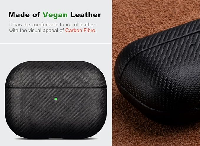 for AirPods Pro 3 Case Cover - Selected Vegan Leather, Carbon Fibre Texture, Handmade Drop Protective Hard Cover, Qi and MagSafe Charging Compatible - AirPods Pro 3rd Generation Case - Black