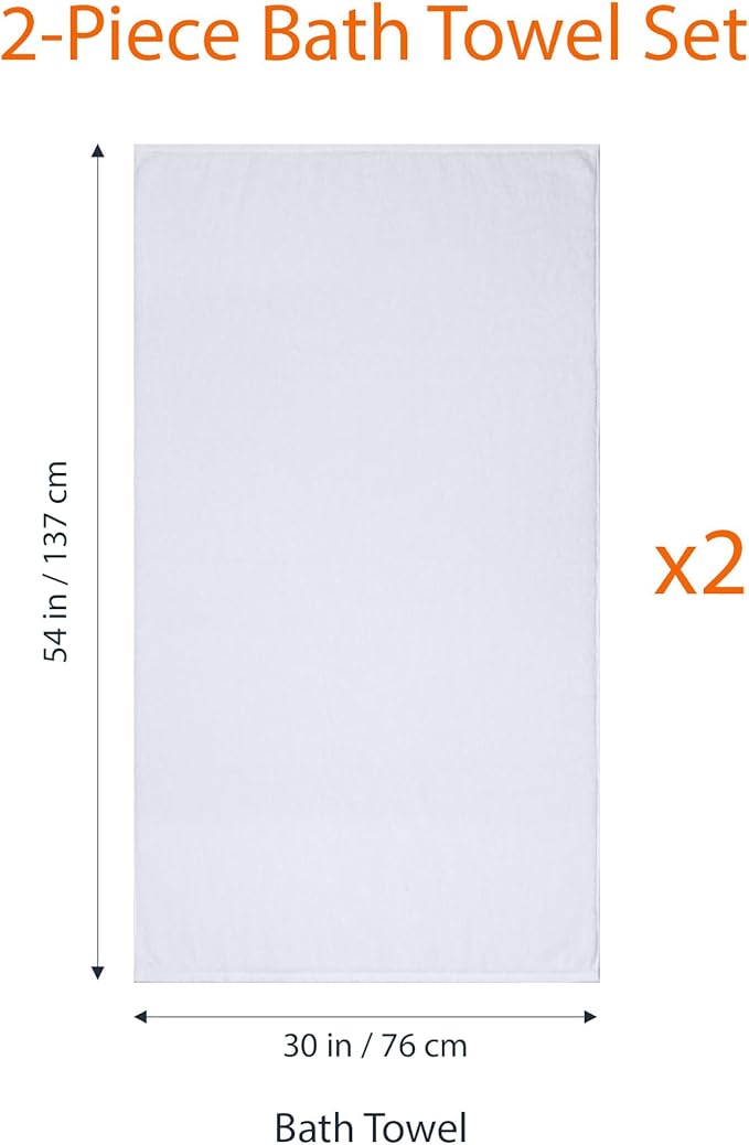 Amazon Basics 2 Piece Quick-Dry Oversize Bath Towel, 100% Cotton, White, 54" x 30"