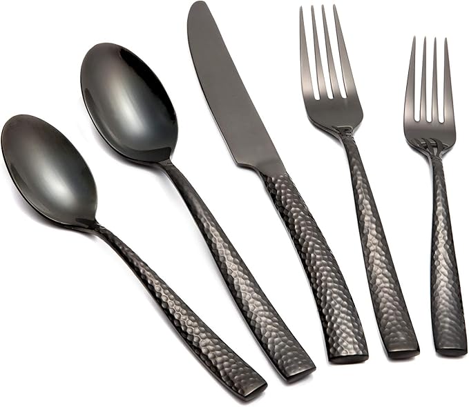 Silverware Set Black Flatware Set Hammered Stainless Steel Cutlery Set Mirror Finished 60 Pieces Home Faimily Use Service for 12