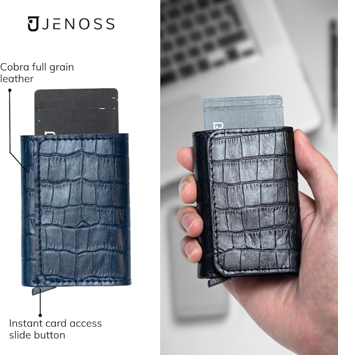 Jenoss Smart Wallet For Men: Full Grain Leather, Handcrafted, Slide Metal Pop Up Case, Slim RFID Blocking Credit Card Holder, Minimalist, Compact, 6-8 Cards Organizers, Front Pocket, Money Clip (Navy)