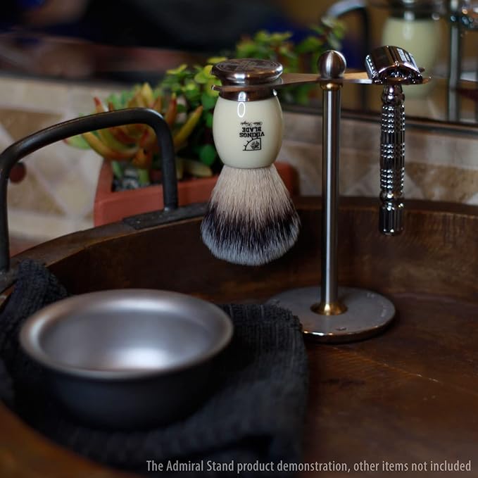 Luxury Razor and Brush Stand, The Admiral by VIKINGS BLADE, Ancient Viking Look with Heavy Distressed Stainless Steel & Brass, Extra Wide Openings, Fits Most Razors and Brushes