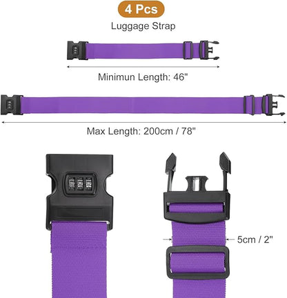 MECCANIXITY Luggage Straps with Combination Lock Adjustable Suitcase Belt Strap for Suitcase Briefcase Backpack Travel, Purple, Pack of 4