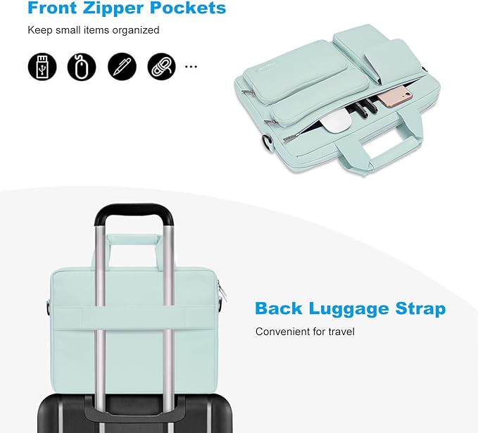 MOSISO Laptop Shoulder Bag 15.6 inch, 15-15.6 inch Computer Bag Compatible with MacBook Pro 16 inch, HP, Dell, Lenovo, Notebook with 2 Raised&1 Flapover&1 Horizontal Pocket&Handle&Belt, Mint Green