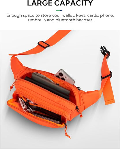 WATERFLY Fanny Pack Waist Packs: Large Crossbody Fanny Packs for Women Men with 5 Zipper Pockets Adjustable Strap Waist Bags Hip Pack for Traveling Cycling Running Hiking-Orange