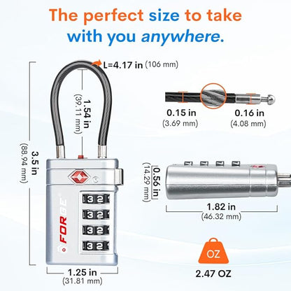 Forge TSA Approved Luggage Locks 4 Digit Combination TSA Travel Locks with TSA008, Open Alert Indicator, Zinc Alloy Body for Luggage, Suitcase, Backpack, and More. Silver 2 Locks.