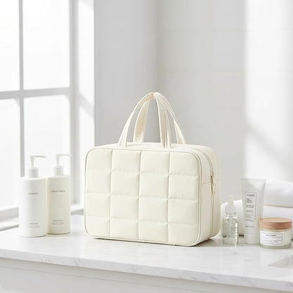 Travel Toiletry Bag for Women,Portable Hanging Travel Bag Cosmetic Jewelry Organizer,Makeup Bag for Toiletries,Full Sized Shampoo,Conditioner,Beige