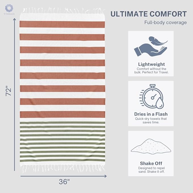 Cotton Turkish Beach Towel with Towels Oversized 36"x72" Pool Absorbent Extra Large Quick Dry Sand Travel Towel (Kavee Mist, 2 Pack)