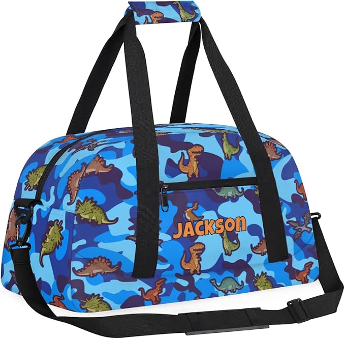 Personalized Duffel Bag for Kids Girls Boys, Cartoon Dinosaurs Custom Name Gym Bag Overnight with Padded Handles Carry On Weekend Sports Travel Bag for School Practice Gymnastics Ballet