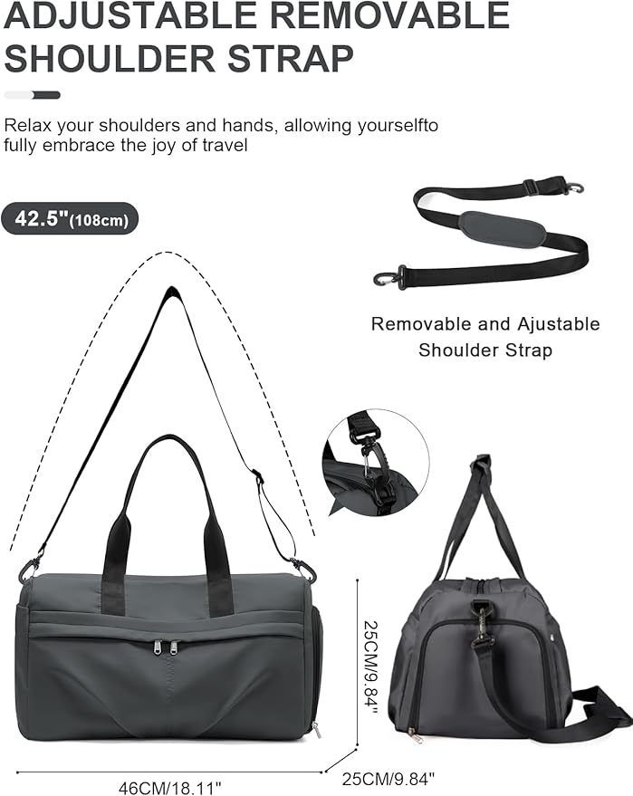 Gym Duffle Bag with Shoe Compartment for Women Men Sports Workout Carry on Weekend Overnight Bag, Grey