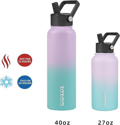 BJPKPK Insulated Water Bottles with Straw Lid, 40oz Stainless Steel Water Bottles with 3 Lids, BPA Free Leakproof Thermo, Tumblers, Cups for Sports, Gym- Mint