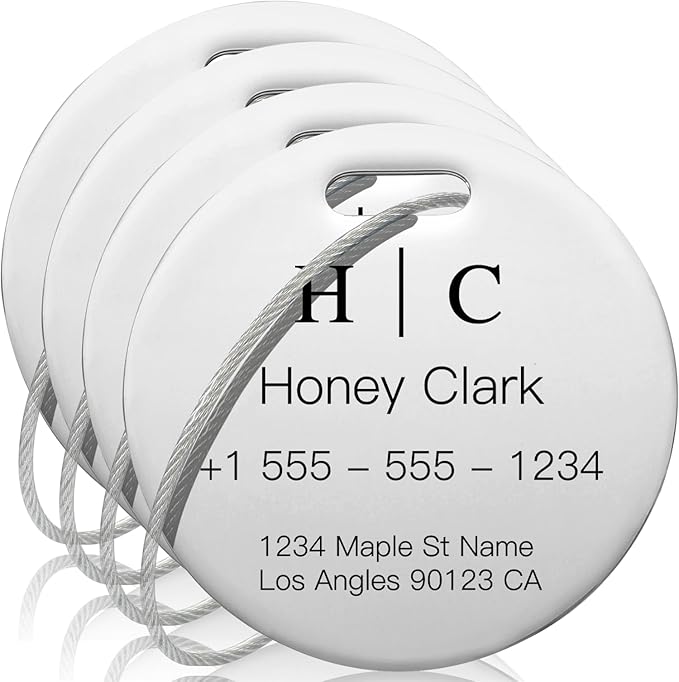 Stainless Luggage Tags for Suitcases 4 Pack: Metal Personalized Luggage Tags for Backpacks & Bags with Customizable Texts (Silver)