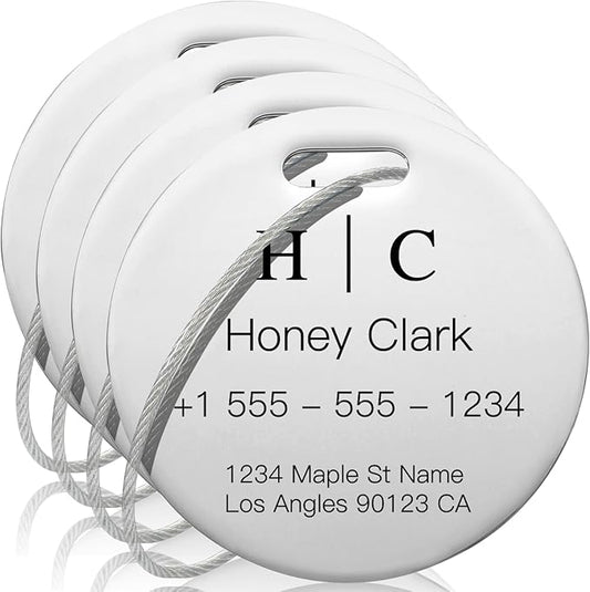 Stainless Luggage Tags for Suitcases 4 Pack: Metal Personalized Luggage Tags for Backpacks & Bags with Customizable Texts (Silver)
