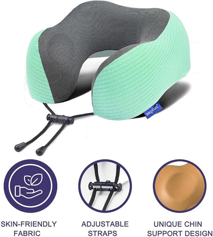 napfun Neck Pillow for Traveling, Upgraded Travel Neck Pillow for Airplane 100% Pure Memory Foam Travel Pillow for Flight Headrest Sleep, Portable Plane Accessories, Striped Turquoise Set