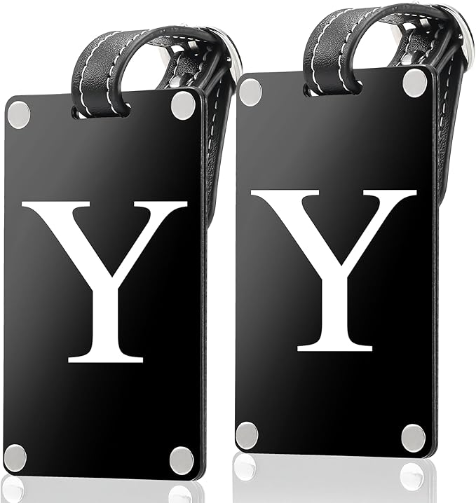 Premium 3-Layer Aluminum Luggage Tags by Fortuna - Easy to Claim, Laser-Engraved, Plastic-Free, and Eco-Friendly Luggage Tag Holders, 2-Pack, Black (Y)
