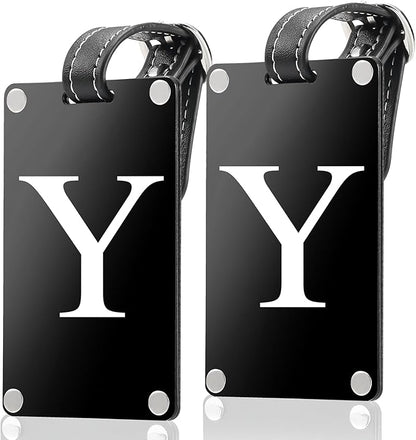Premium 3-Layer Aluminum Luggage Tags by Fortuna - Easy to Claim, Laser-Engraved, Plastic-Free, and Eco-Friendly Luggage Tag Holders, 2-Pack, Black (Y)