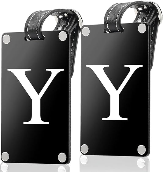 Premium 3-Layer Aluminum Luggage Tags by Fortuna - Easy to Claim, Laser-Engraved, Plastic-Free, and Eco-Friendly Luggage Tag Holders, 2-Pack, Black (Y)