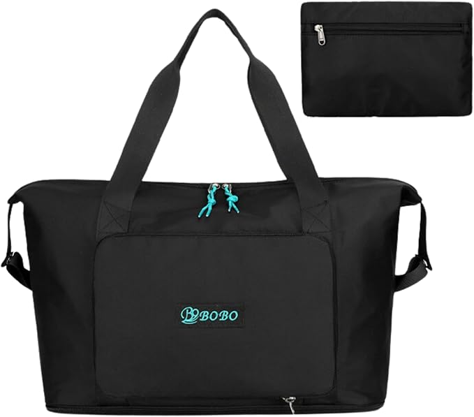 Expandable Travel Duffle Bag for Women Men, Lightweight Foldable Travel Tote Bags Gym Bag, Large Waterproof Carry On Weekender Overnight Bag with Wet Pocket for Workout, Fitness, Shopping Black