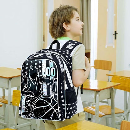 WZLVO 3PCS Basketball Backpack for Boys, 17" Cool UV Printing Kids Bookbag/School Bag with Lunch Box & Pencil Bag for Elementary to Middle - Star-Spangled Basketball