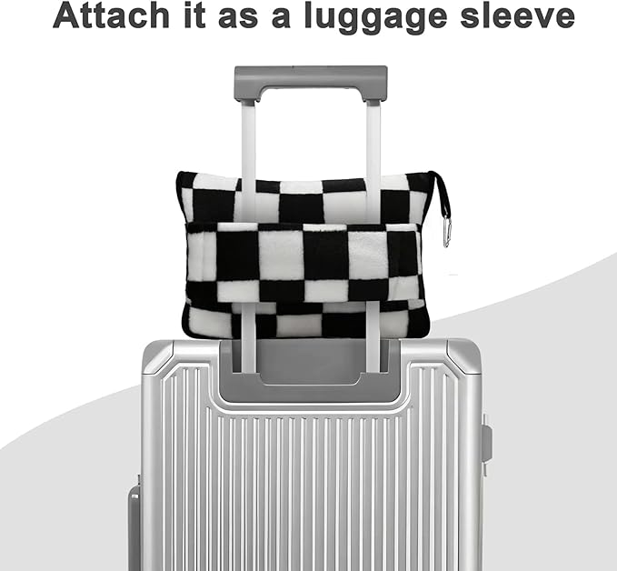 Travel Blanket and Pillow Compact, Premium Soft 2 in 1 Airplane Blanket with Soft Bag Pillowcase，Hand Luggage Sleeve and Backpack Clip (Checkered Black)
