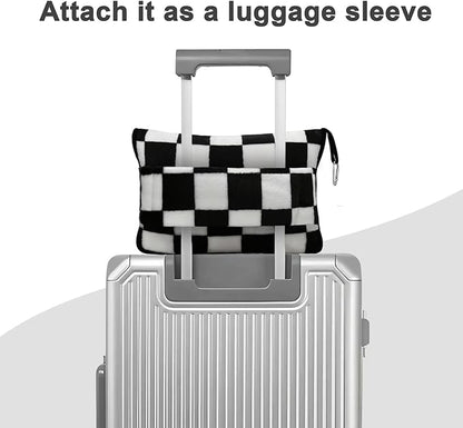 Travel Blanket and Pillow Compact, Premium Soft 2 in 1 Airplane Blanket with Soft Bag Pillowcase，Hand Luggage Sleeve and Backpack Clip (Checkered Black)