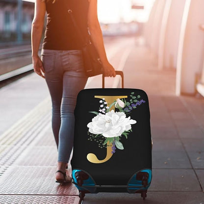 Flower Letter J Black Luggage Cover Elastic Washable Stretch Suitcase Protector Anti-Scratch Travel Suitcase Cover for Kid and Adult XL (29-32 inch suitcase)
