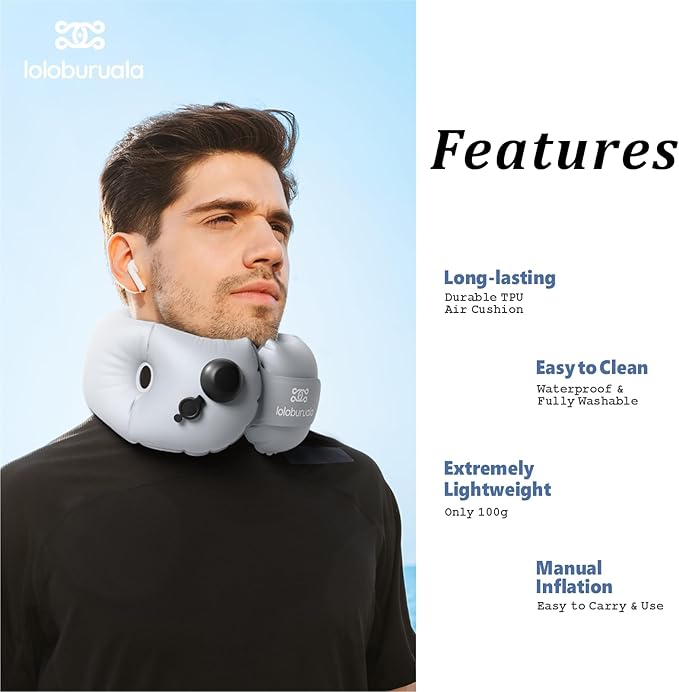 Inflatable Neck Pillow, Portable Travel Neck Pillow for Long Flight, Storable Gray Neck Pillows with Washable Cover, Adjustable Air-Fill Support
