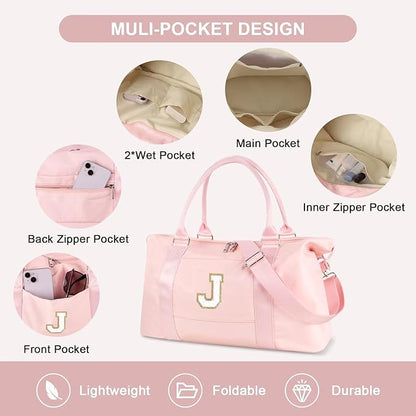 Dance Gym Duffel Bag for Teen Girls, Personalized Initial Travel Weekender Bag,Cute Overnight Carry On Duffle for Women,Sports Travel Cheer Bag,Monogram Christmas Gifts for Tween Preppy(pink-J)
