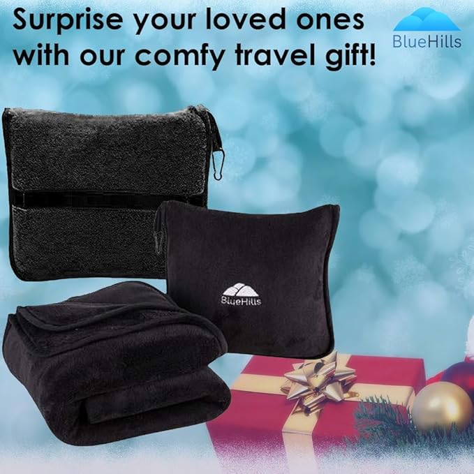 BlueHills Premium Soft Travel Blanket Pillow Airplane Blanket Packed in Soft Bag Pillowcase with Luggage Sleeve Compact Pack Large Traveling Packable Lightweight Gifts Black T008