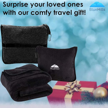 BlueHills Premium Soft Travel Blanket Pillow Airplane Blanket Packed in Soft Bag Pillowcase with Luggage Sleeve Compact Pack Large Traveling Packable Lightweight Gifts Black T008