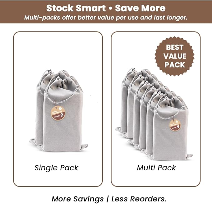 LFH Cotton Rich Shoe Storage Bags with Drawstring, Dustproof Breathable Reusable Organizer, Perfect For Travel, Dorm, Hotel, College, Gym, Easy to Carry, Machine Washable 8"x17" (Pack of 4) - Grey