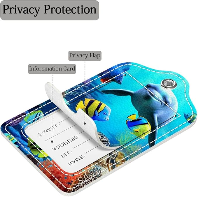 Funny PU Leather Luggage Tags 2-Pack Ocean Dolphin Sea Fish Coral Cute Pattern Suitable for Suitcase Stainless Steel Loop and Address Card Essential for Cruise and Airport Travel for Men and Women