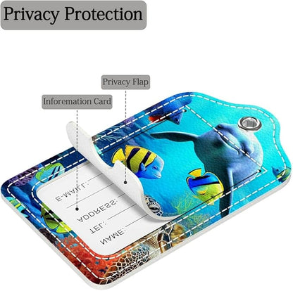 Funny PU Leather Luggage Tags 2-Pack Ocean Dolphin Sea Fish Coral Cute Pattern Suitable for Suitcase Stainless Steel Loop and Address Card Essential for Cruise and Airport Travel for Men and Women